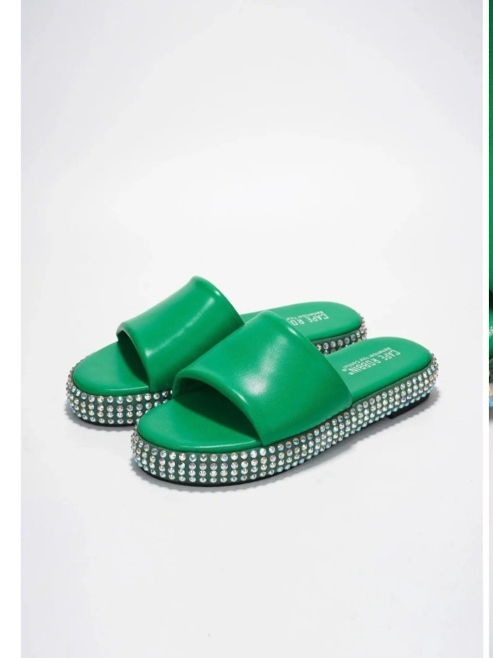 Cape Robbin Green Rhinestone Platform Slide Sandals / Sparkly Flat Slides Size 7